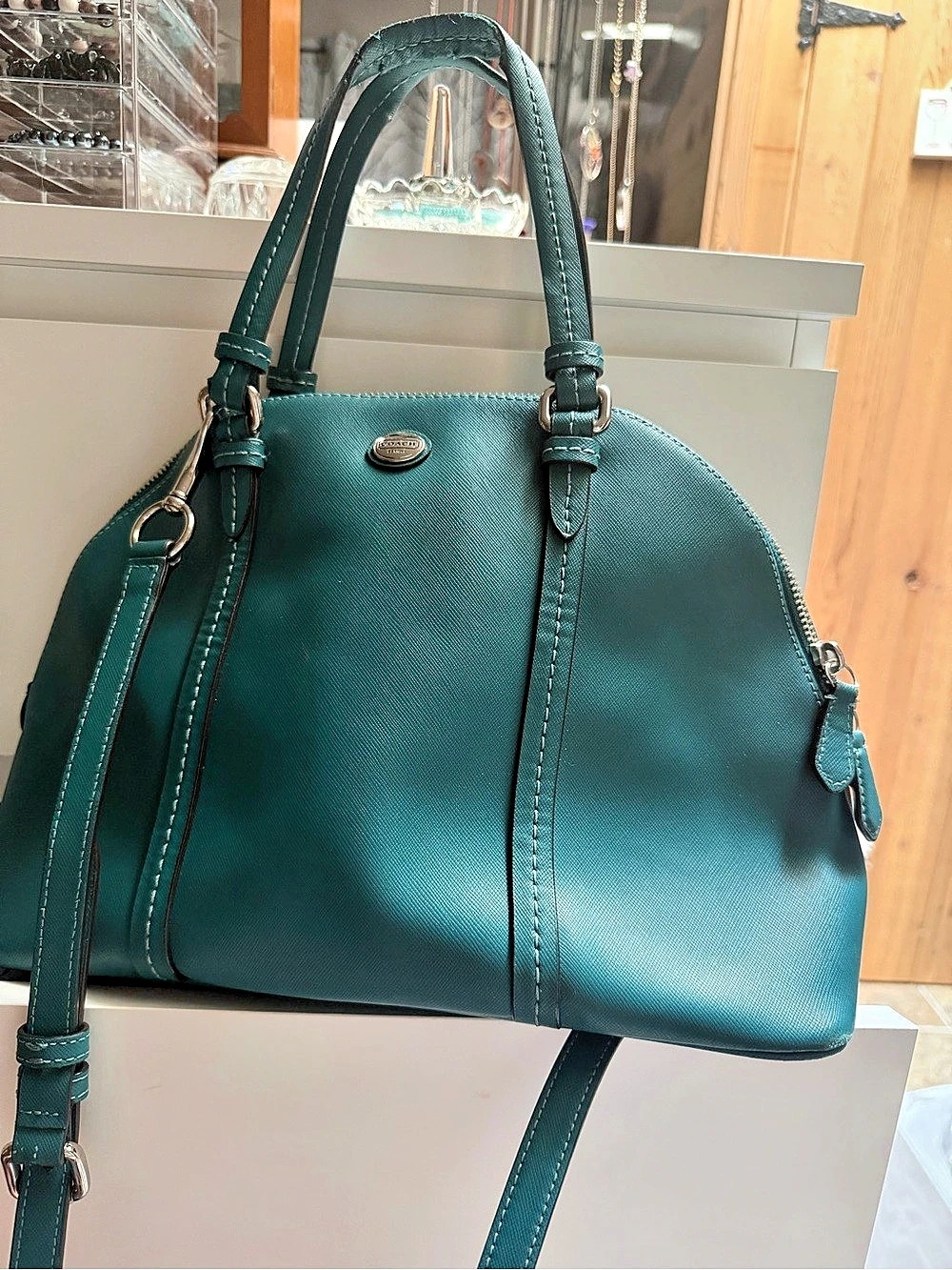 Coach Peyton Saffiano Leather Cora Domed Satchel Green